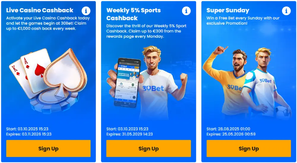 30Bet Casino Weekly bonuses and cashback